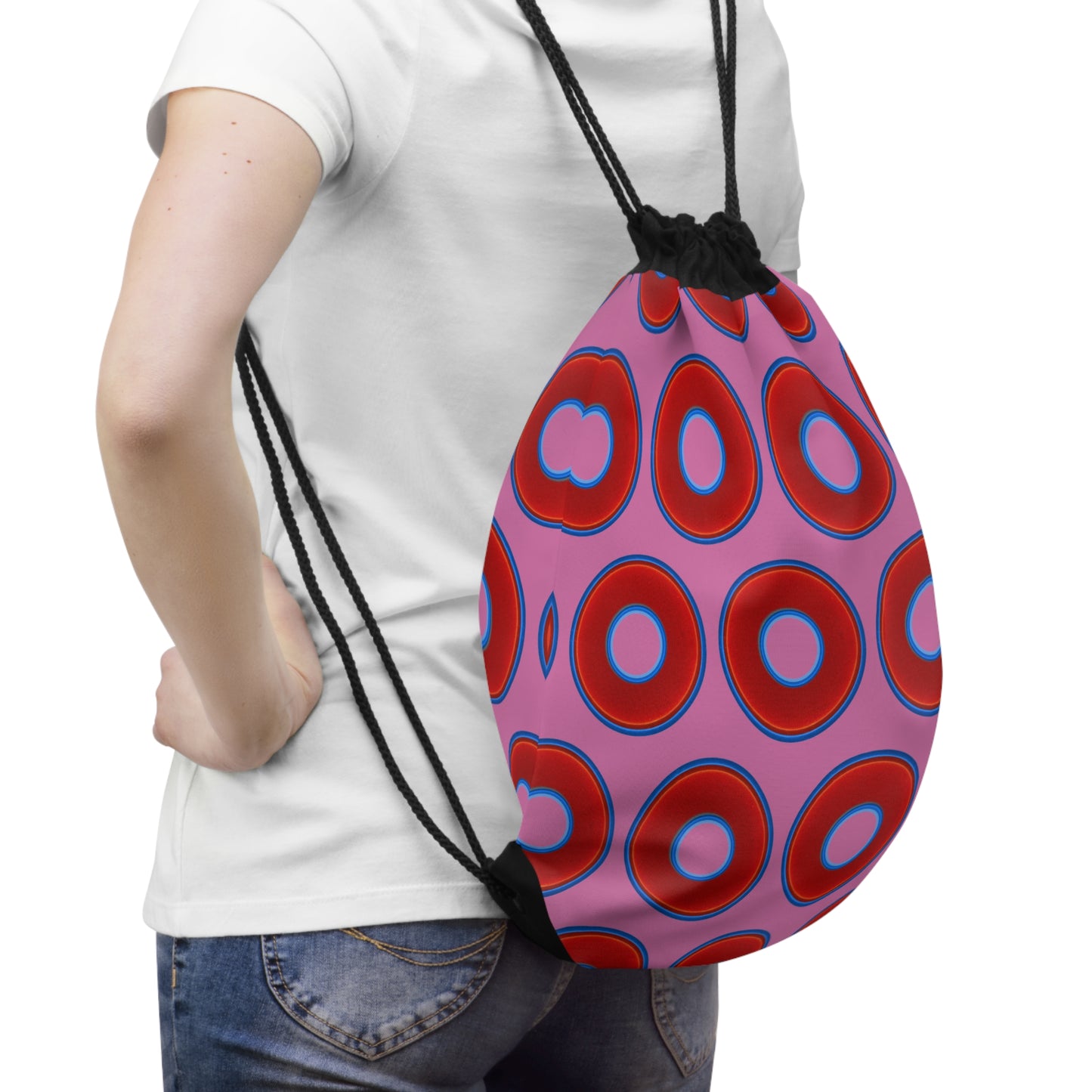 Lumpy Donut Drawstring Bag - red vivid donuts print w/light pink background