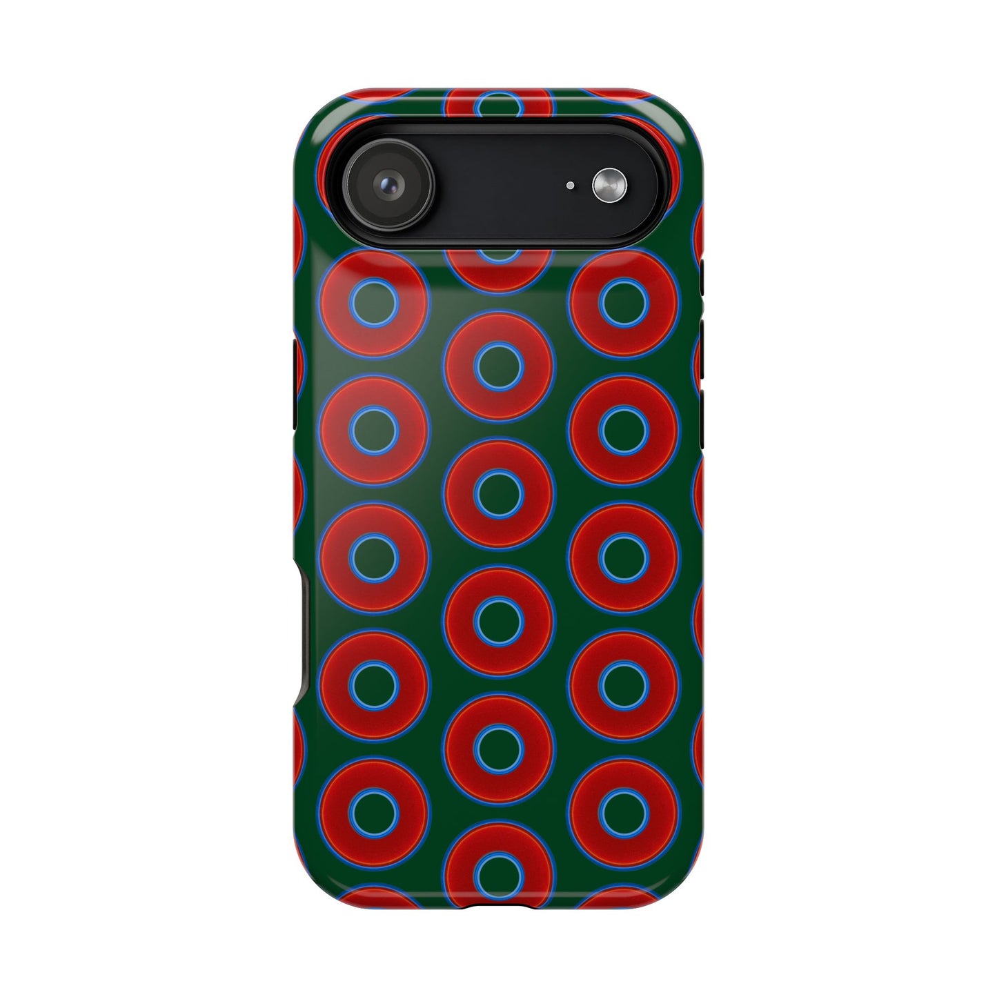 Impact-Resistant Lumpy Donut Case - red vivid donut print w/dark pond green background
