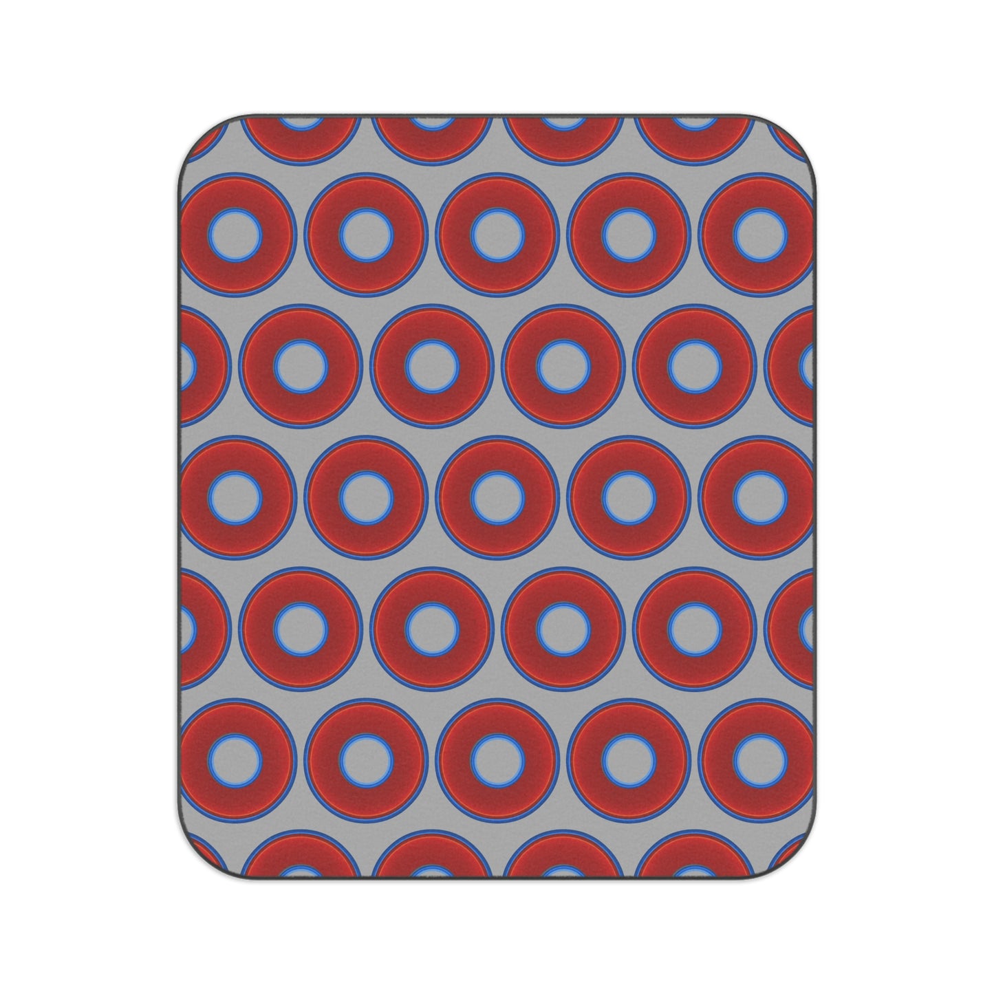 The Lumpy Party Blanket - giant water-resistant outdoor blanket [61" x 51"] - vivid red donuts w/light gray background