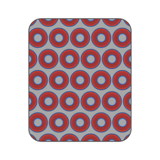 The Lumpy Party Blanket - giant water-resistant outdoor blanket [61" x 51"] - vivid red donuts w/light gray background