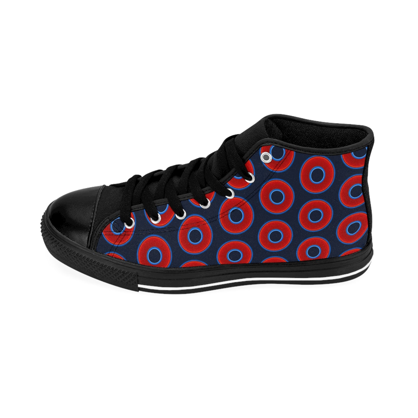 Cushiony Convectors - High Tops - red vivid donuts w/dark teal blue elite background