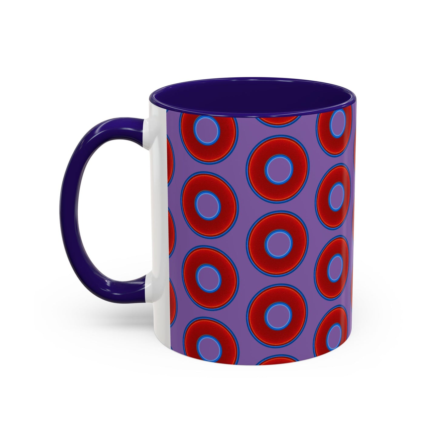 Lump's Grumpy Coffee Mug - vivid red donuts w/light purple background