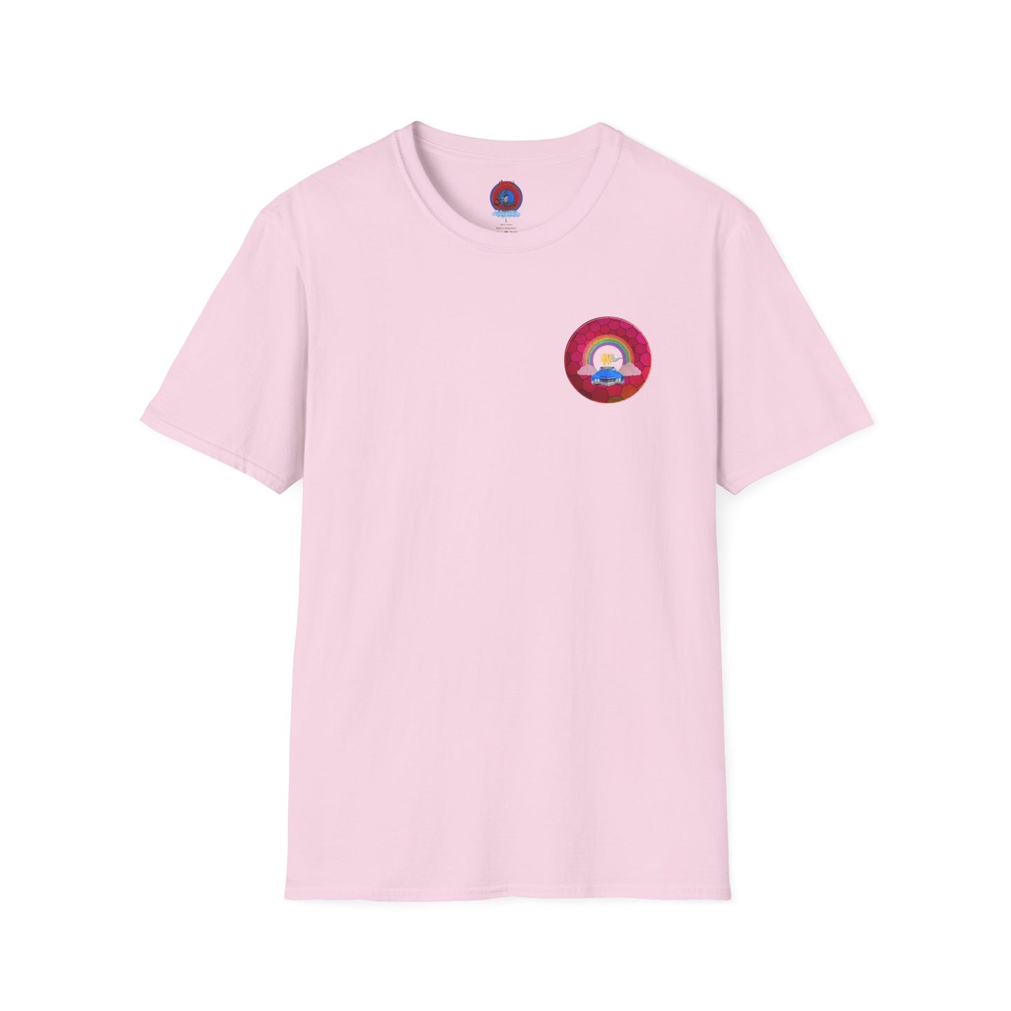 Classic Donut Tee - Unisex Soft-Style - "Cadillac Rainbows Donut Tee " - variant 2 - magenta hexadonut w/blue caddy