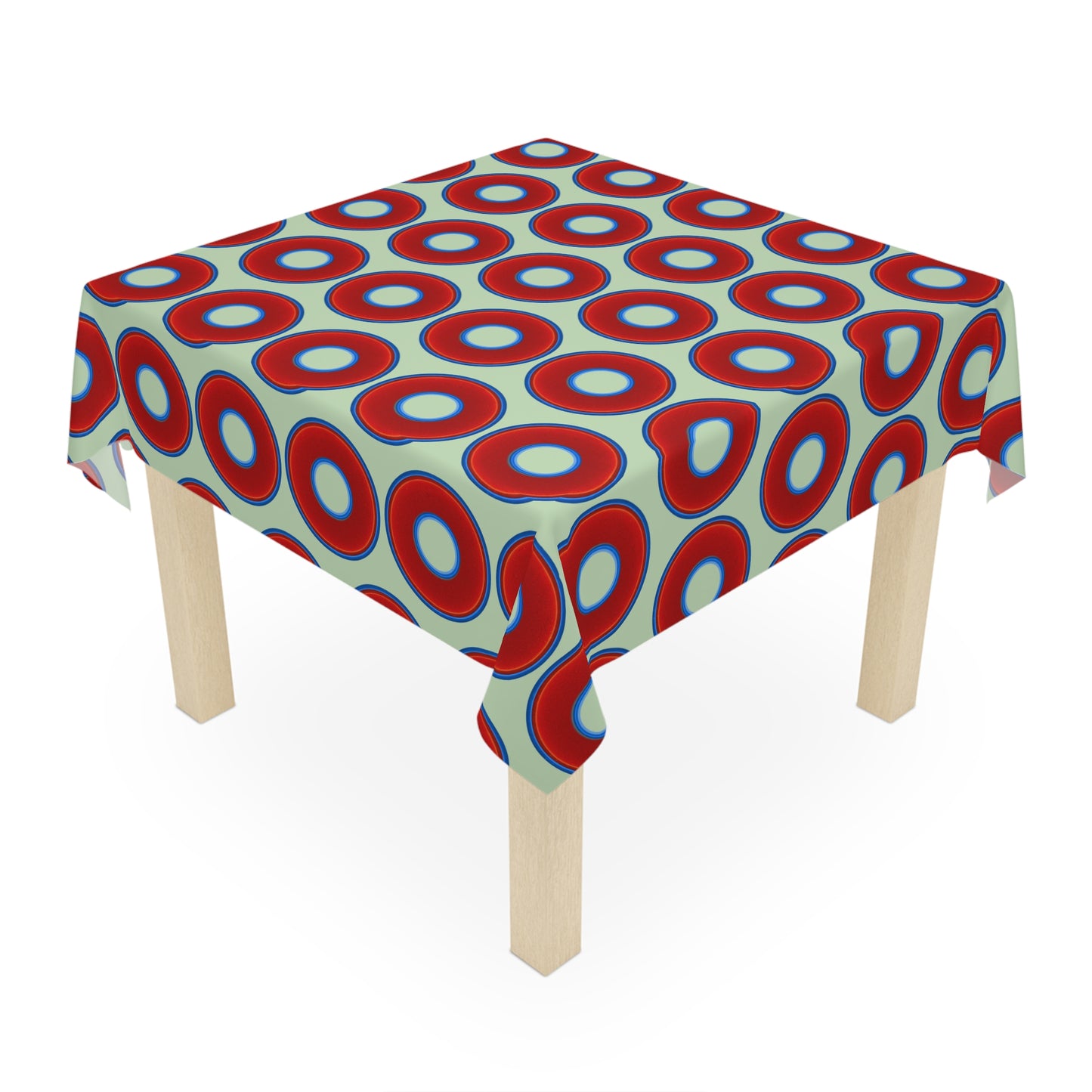 Lumpy Tablecloth - 55.1" x 55.1" - vivid red donuts w/seafoam background