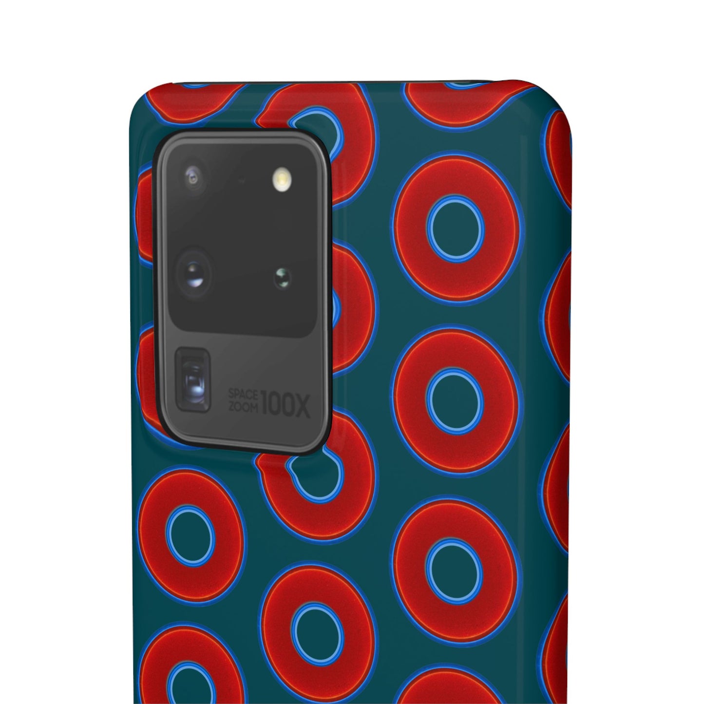 Lumpy Donut Snap Case - red vivid donut print w/midnight teal green background