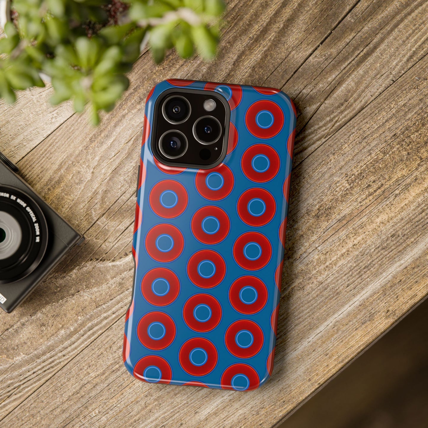 Magnetic Tough Donut Case - red vivid donut print w/wavy navy blue background