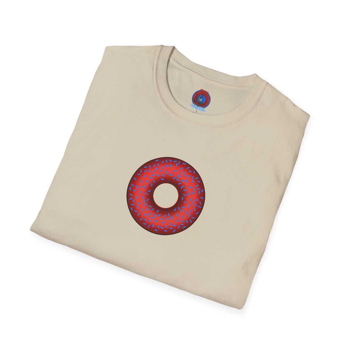 Classic Donut Tee - Unisex Soft-Style - "Plain Plump Donut w/" - plump red donut w/blue sprinkles