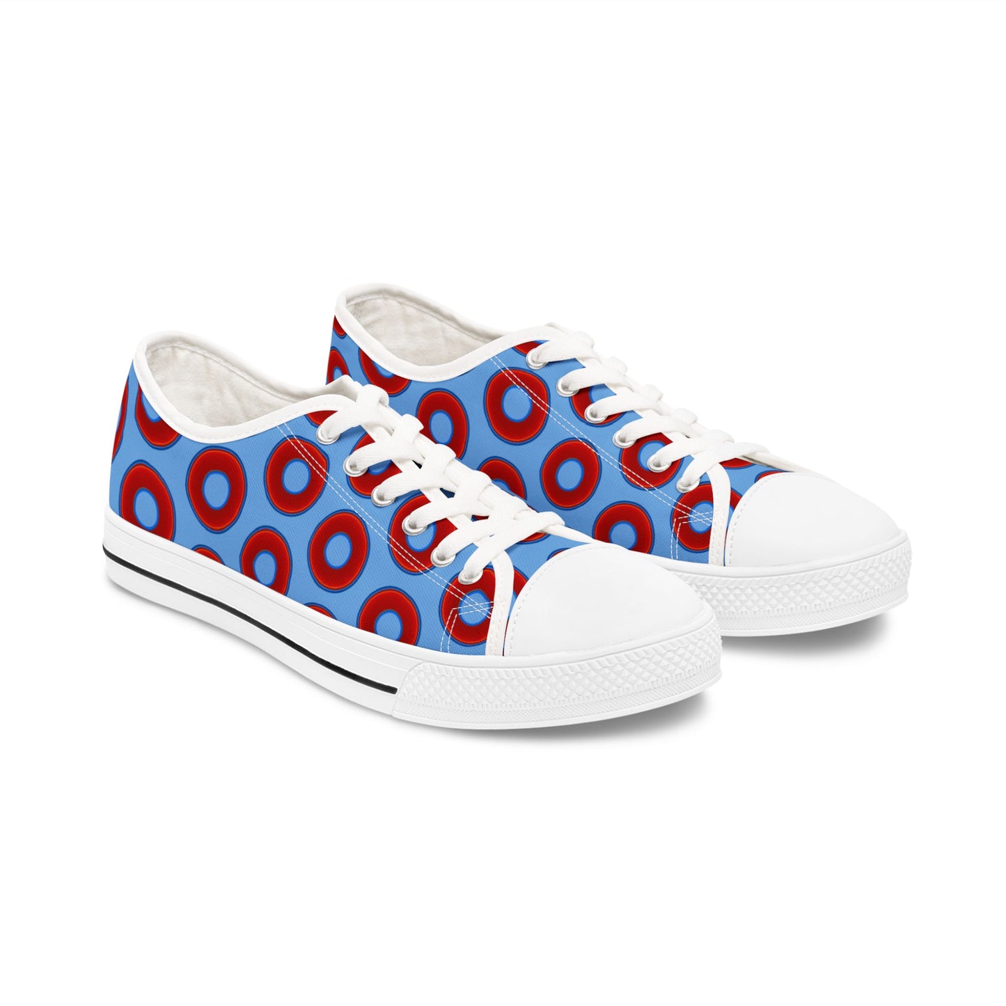 Women's - Low Top Chuck Taylors - large vivid red donut print w/light blue background