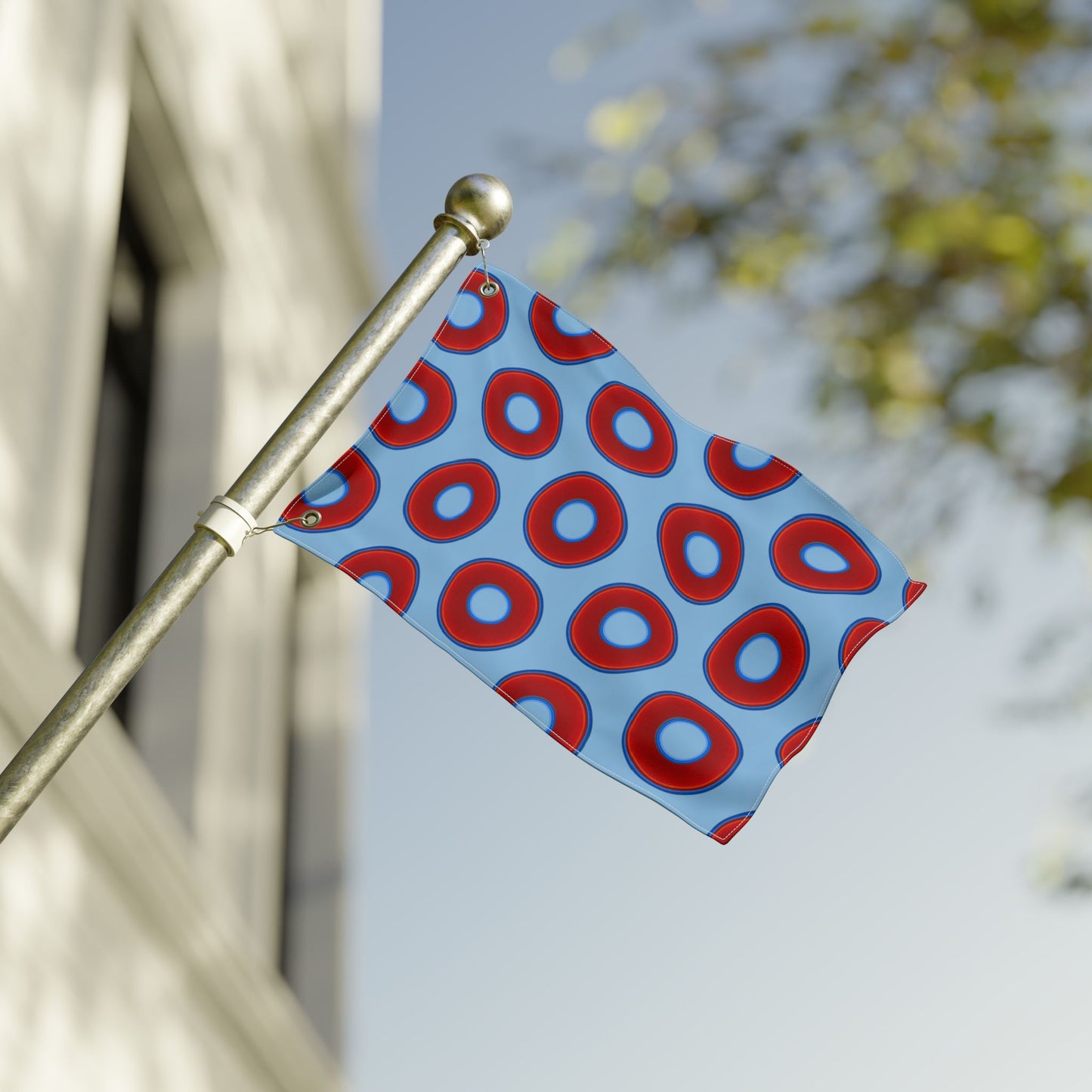 Lumpy Flagpole Sitters - Donut Flags [12" x 18"] - red vivid donut print w/sky blue background