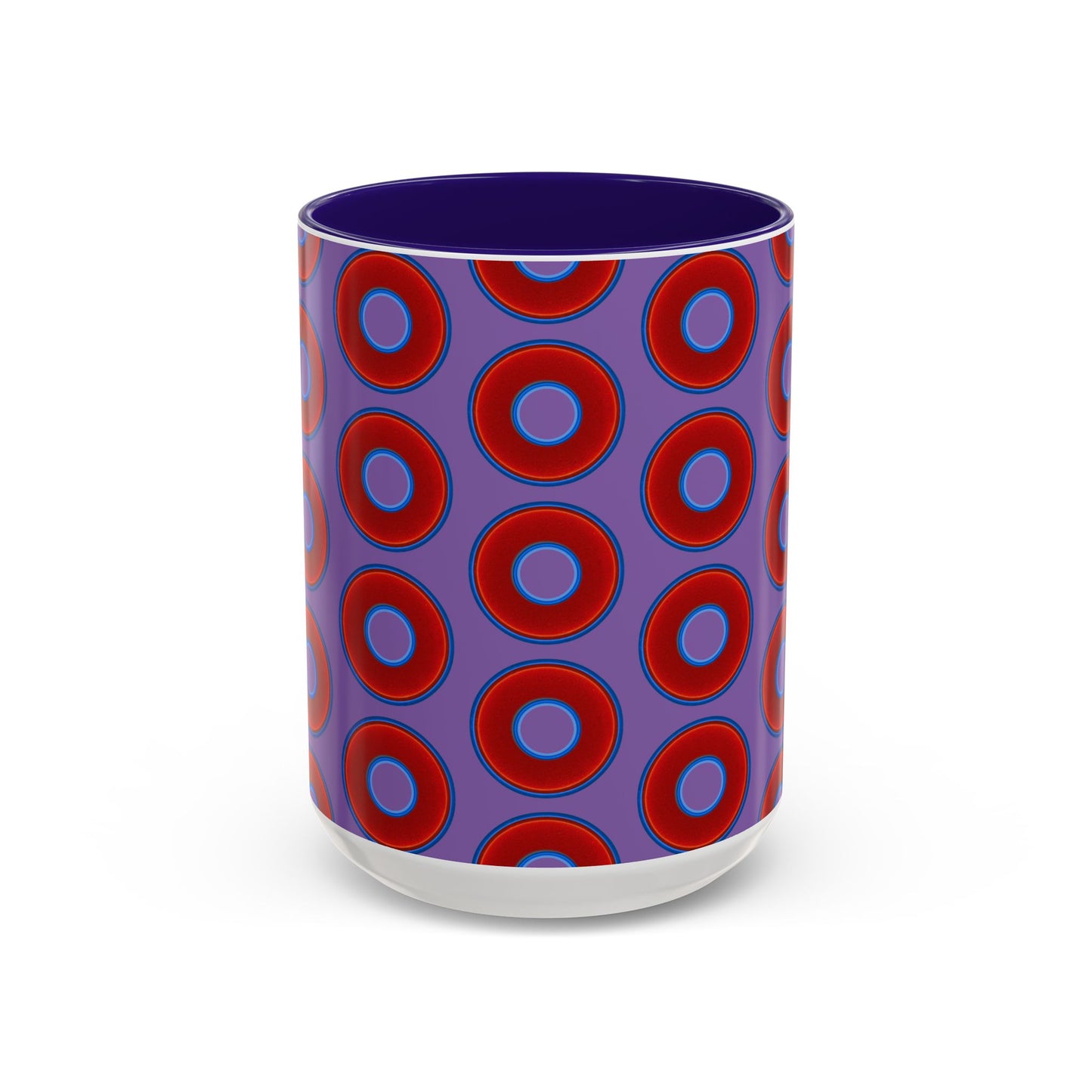 Lump's Grumpy Coffee Mug - vivid red donuts w/light purple background