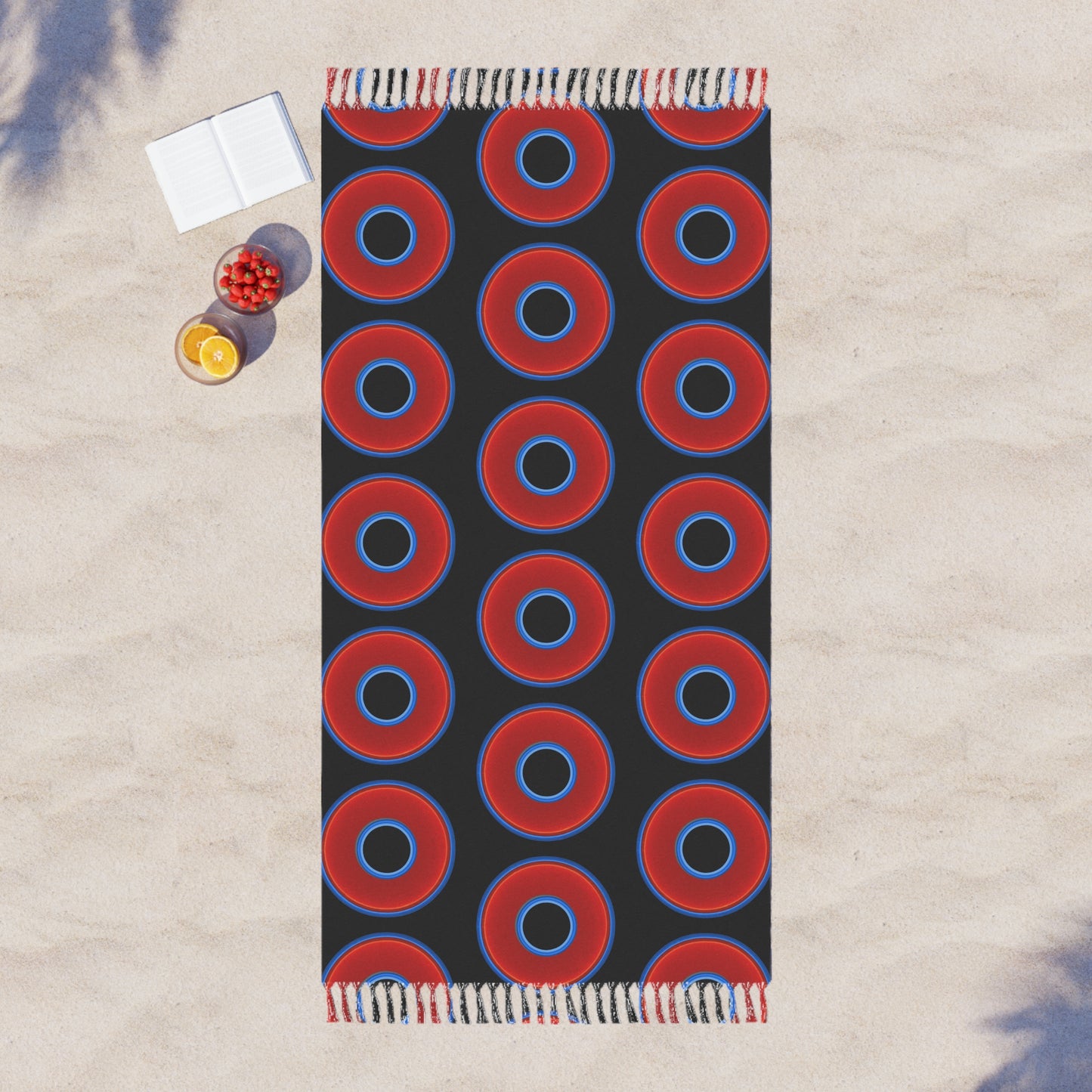 Oversized Lumpy Beach Towel - vivid red donuts w/black background