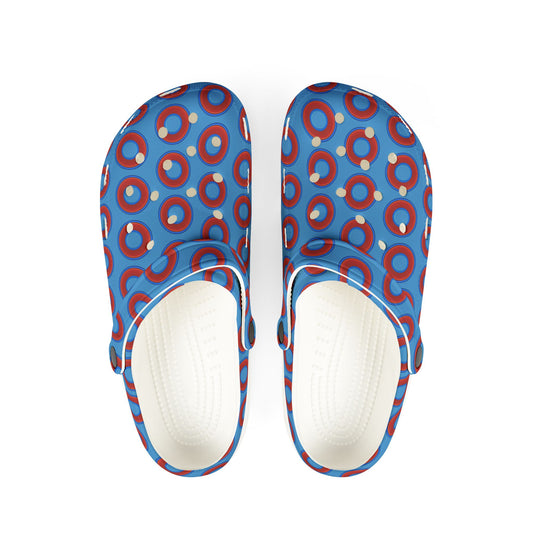 Spatchcocks - donut slip-on shoes - red rustic donuts w/light steel blue background [unisex]