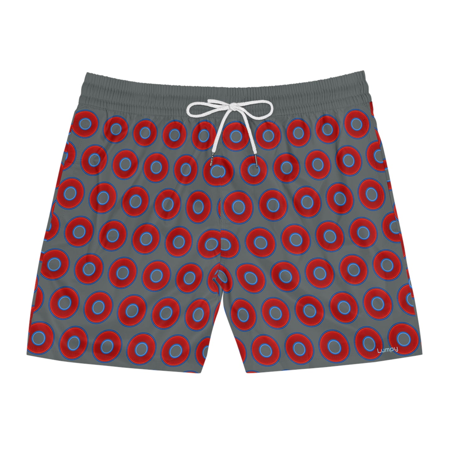 Men's Lumpy Swim Trunks - vivid red donut print w/dark gray background
