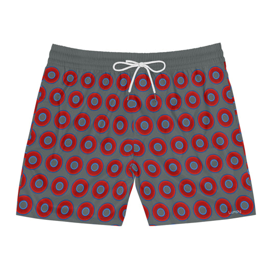 Men's Lumpy Swim Trunks - vivid red donut print w/dark gray background