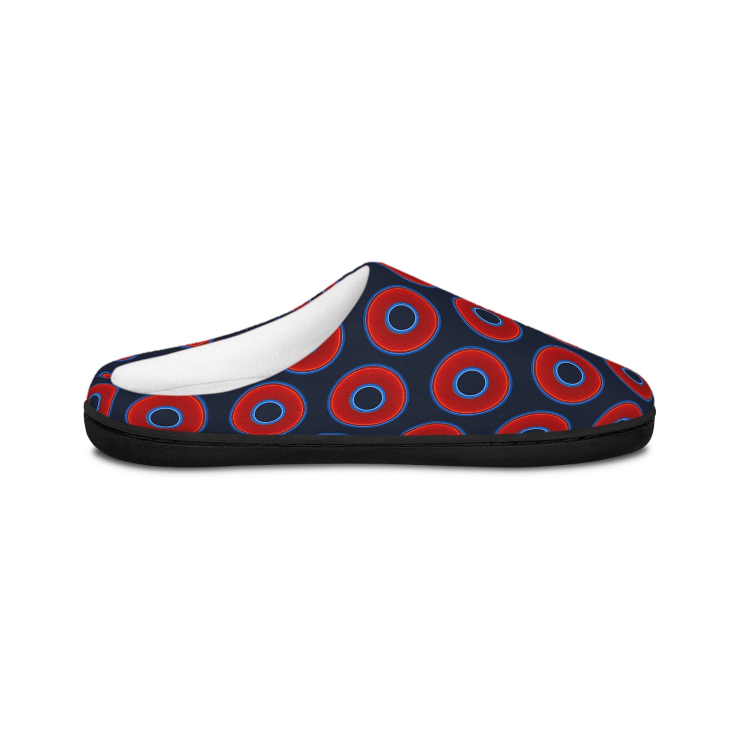 Men's Lumpy Slippers - red vivid donut print w/dark teal elite blue background