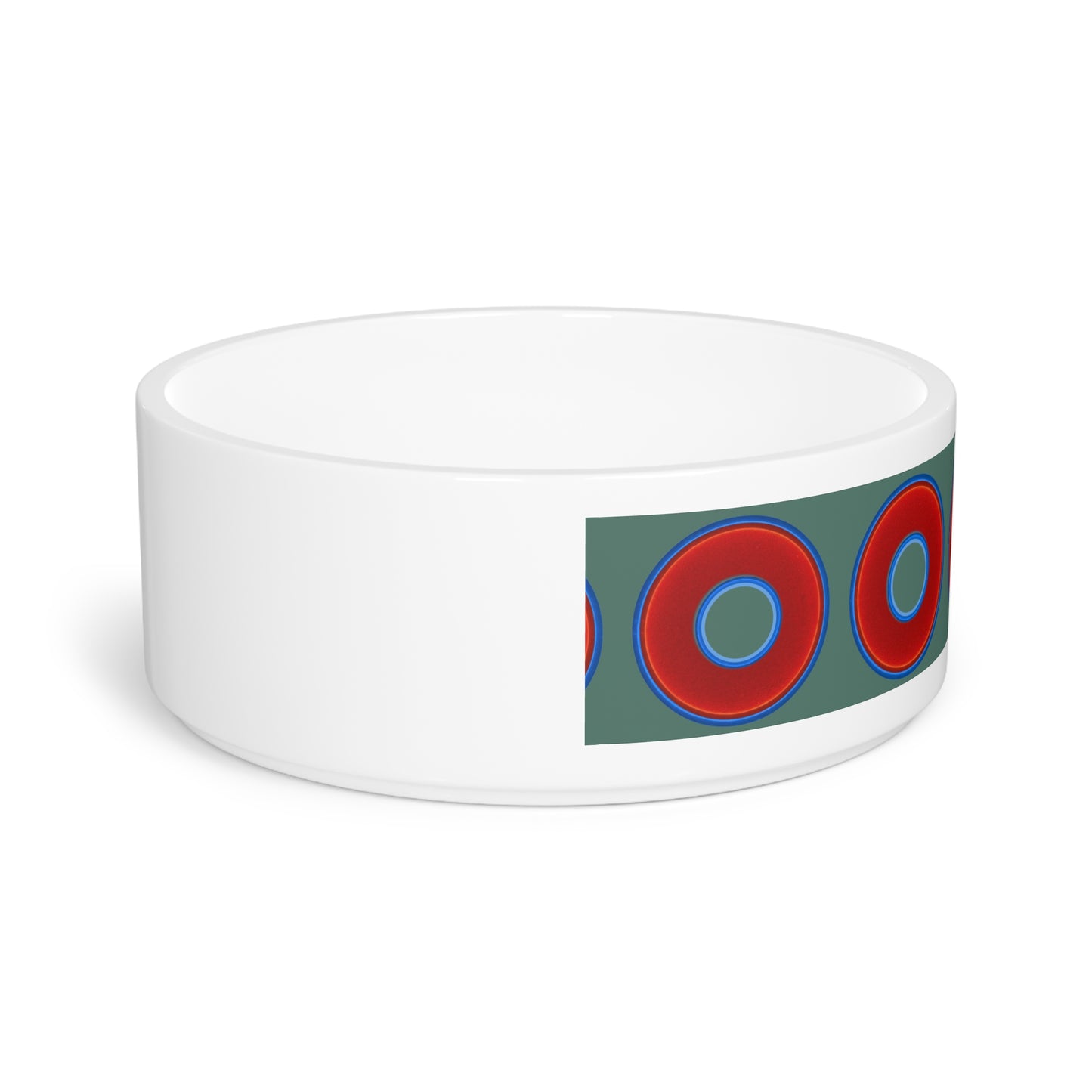 16 oz Lumpy Pet Bowl - vivid red donuts w/Fenway green background