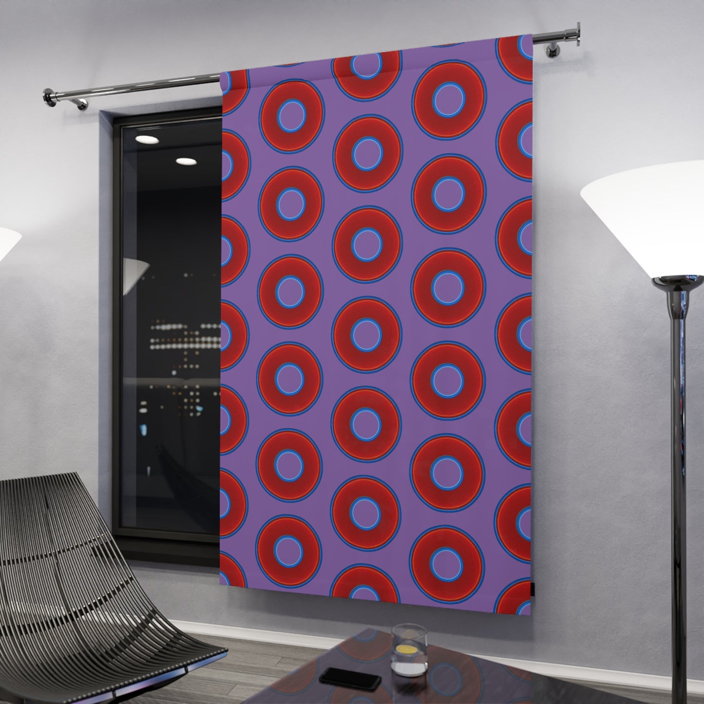 Lump's Heady Curtain w/Donuts - vivid red donut print - w/light purple background - [*1 Piece / 50" x 84"]