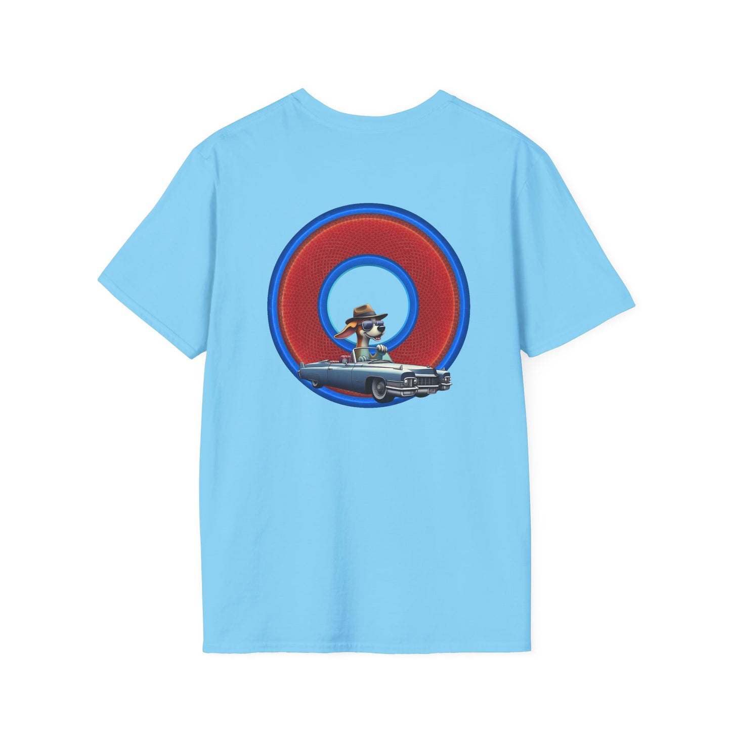 Classic Donut Tee - Unisex Soft-Style - "Jimmy's Marathon Donut Tee" - series 1.0  - variant 1 - rustic red/blue donut