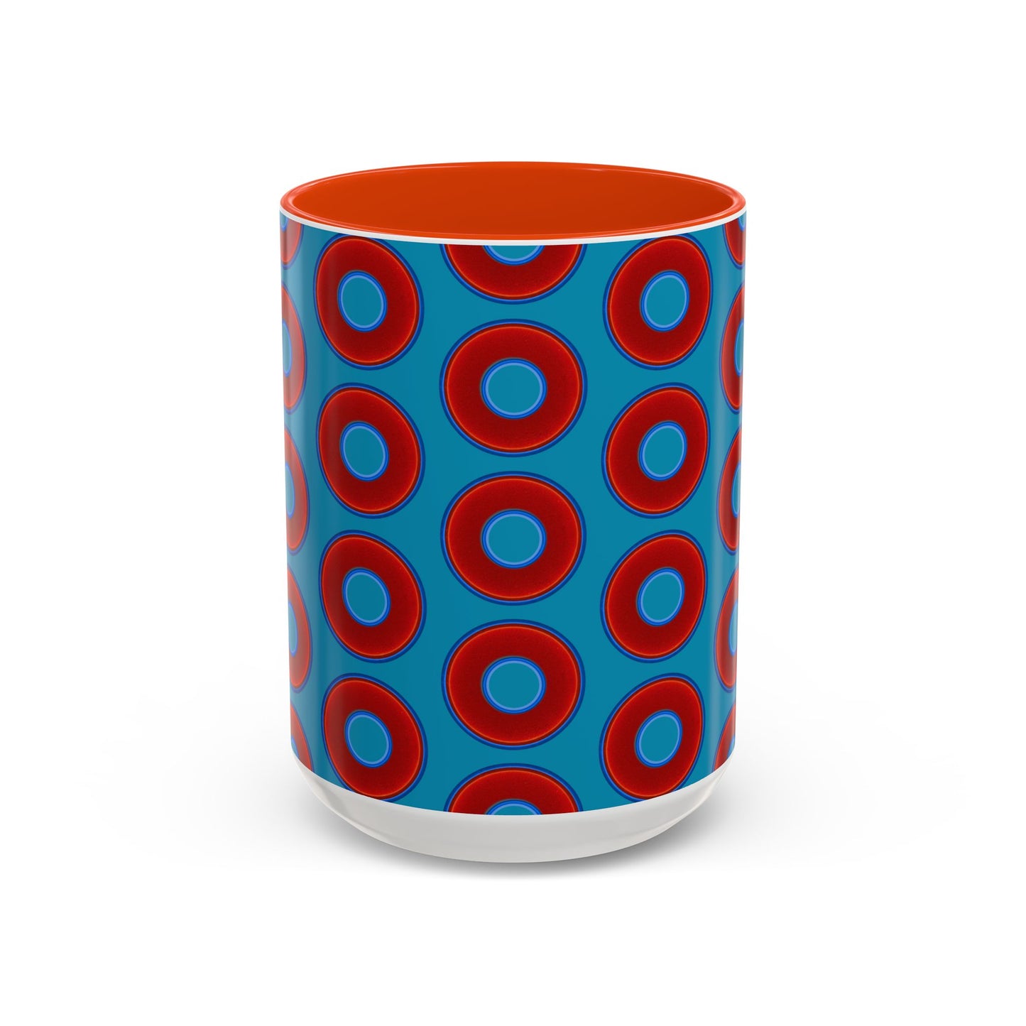 Lump's Grumpy Coffee Mug - vivid red donuts w/aquamarine blue background