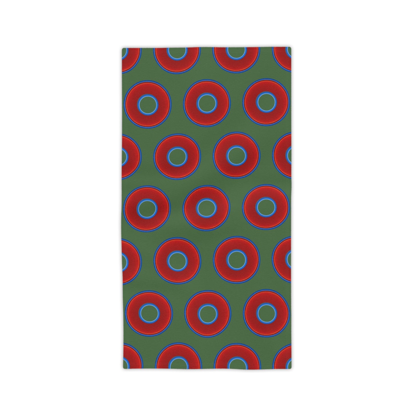 Lumpy Donut Towels - vivid red donuts w/dark green background