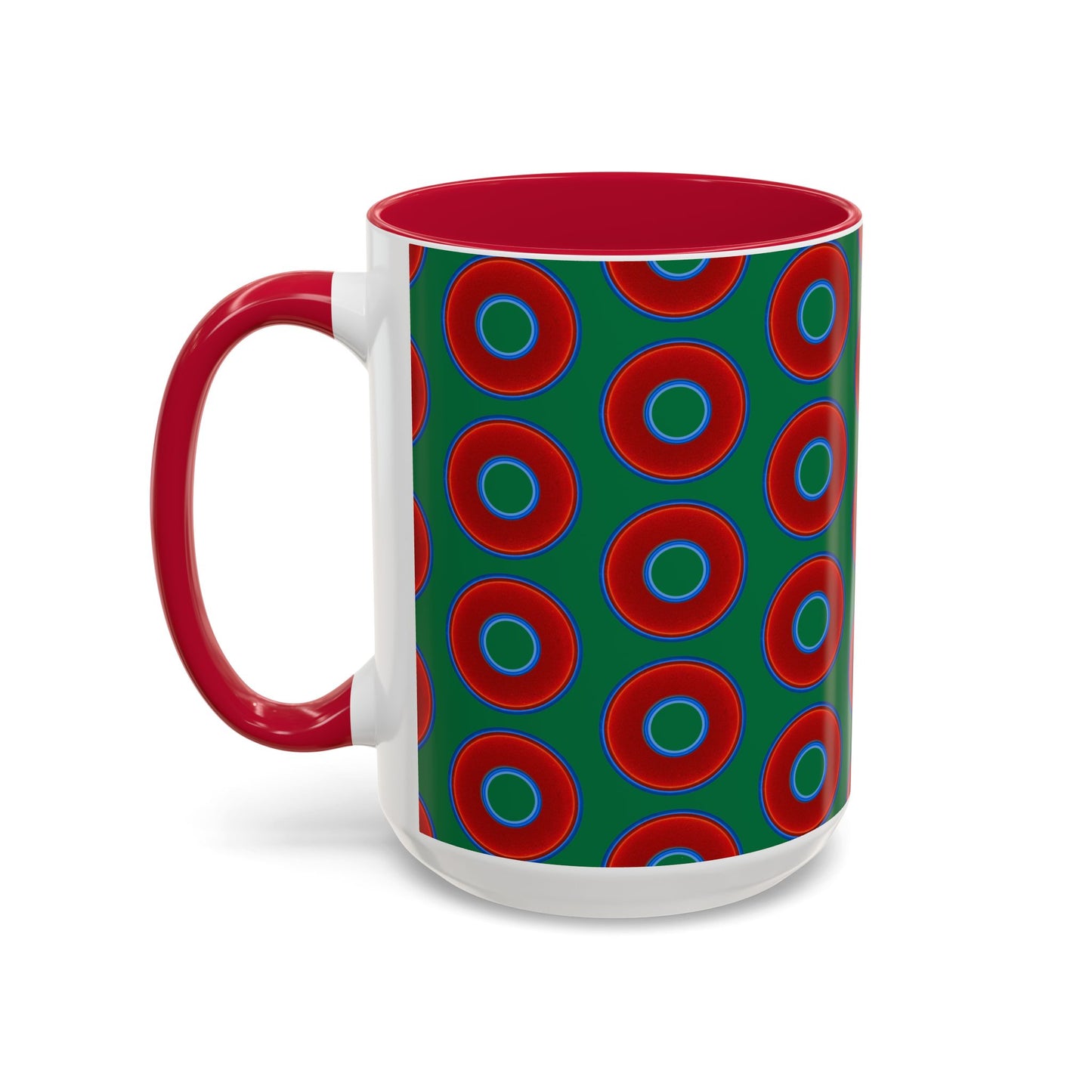 Lump's Grumpy Coffee Mug - vivid red donuts w/green background
