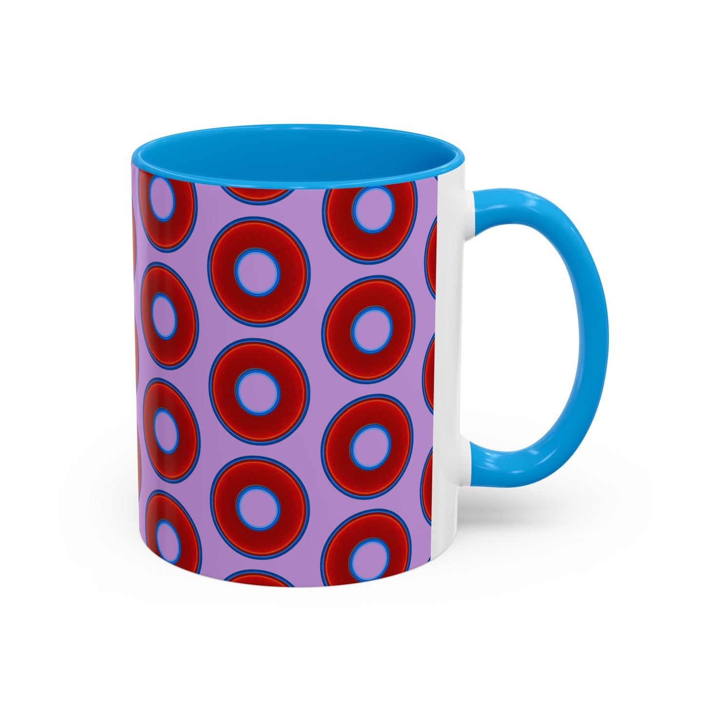 Lump's Grumpy Coffee Mug - vivid red donuts w/wisteria purple background