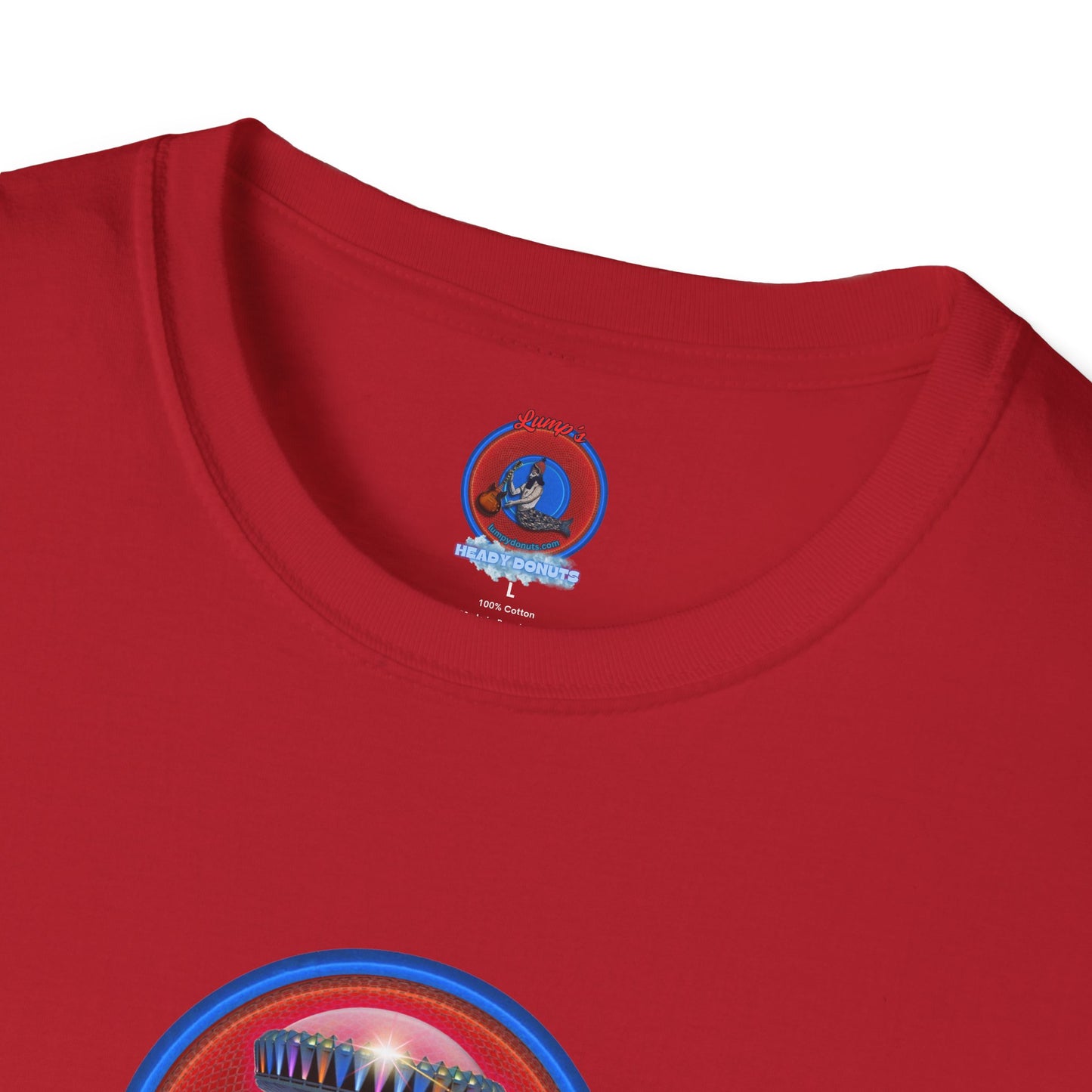 Classic Donut Tee - Unisex Soft-Style - "Donuts now Served on the Mothership" - red/blue donut