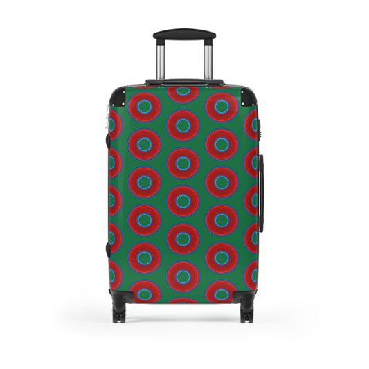 The Very Lumpy Donut Suitcase series - your choice of S, M or L - vivid red donut print w/green background