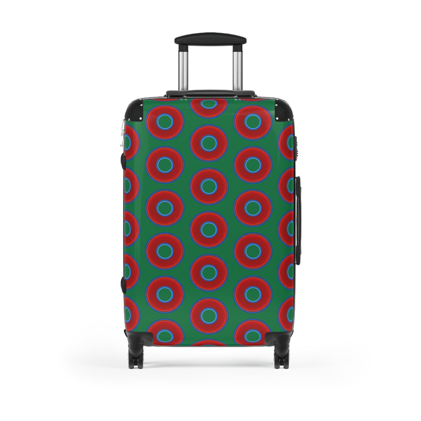 The Very Lumpy Donut Suitcase series - your choice of S, M or L - vivid red donut print w/dark green background