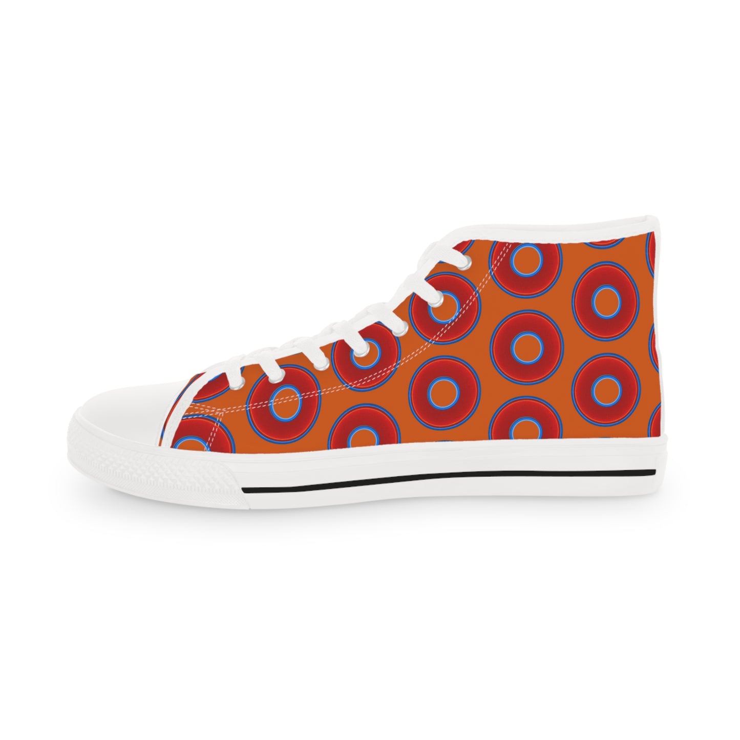 Men's High Top Chucks - large vivid red donut print w/dark orange background