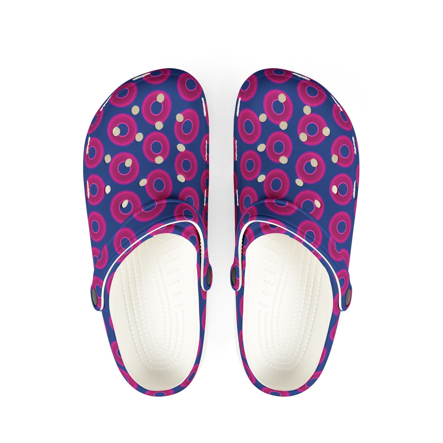 Spatchcocks - donut slip-on shoes - vivid magenta donuts w/dark blue background [unisex]