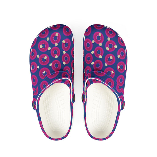 Spatchcocks - donut slip-on shoes - vivid magenta donuts w/dark blue background [unisex]