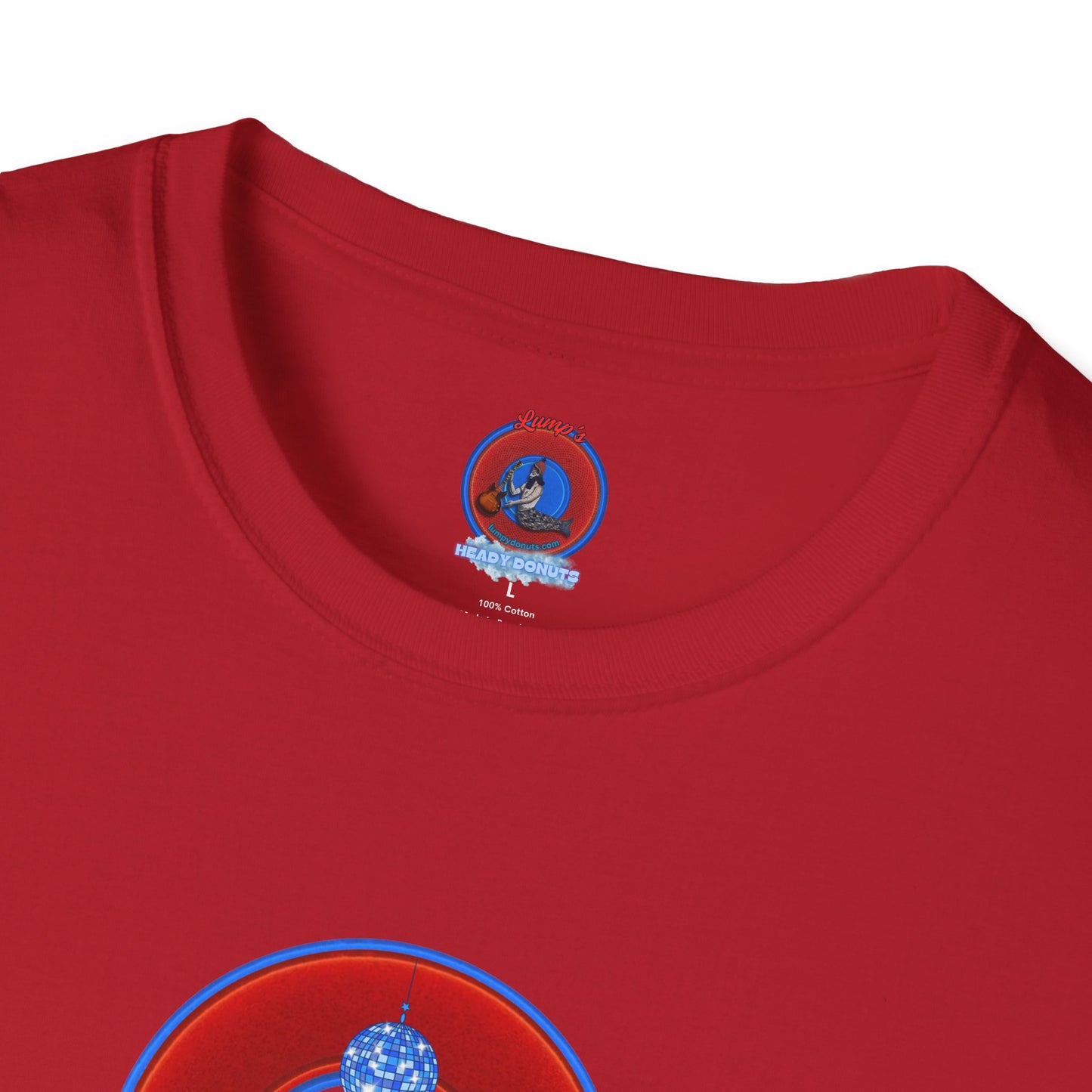 Classic Donut Tee - Unisex Soft-Style - "Joe Camel's Cool Disco Donut" - vivid red donut