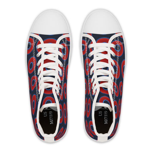 Women's High Top Chuck Taylors - large vivid red donut print w/dark teal blue elite background