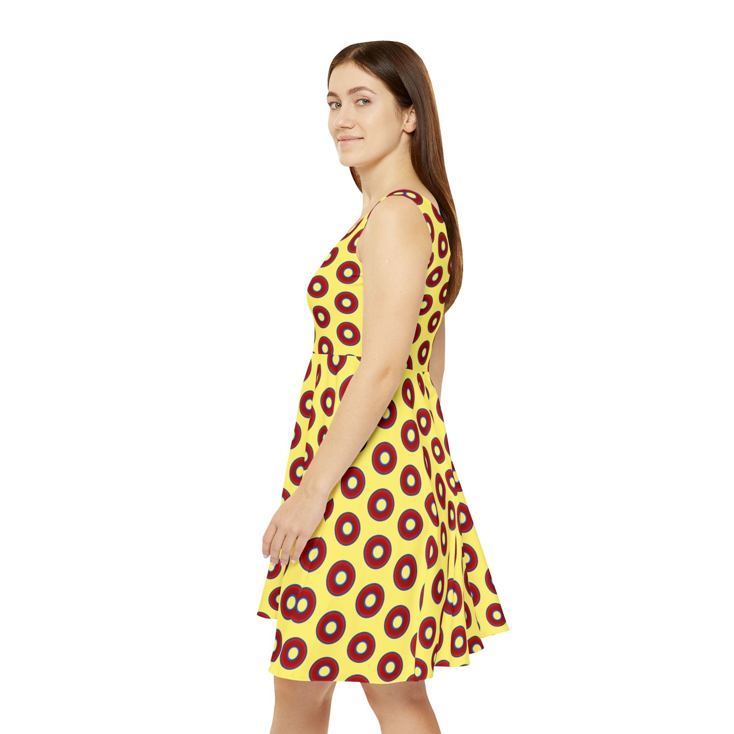 Women's Skater Donut Dress - vivid red donut print w/yellow background