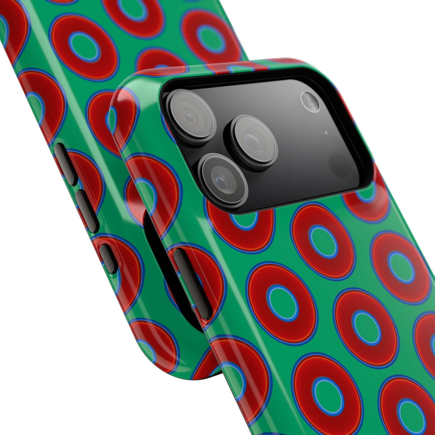 Impact-Resistant Lumpy Donut Case - red vivid donut print w/jade green background