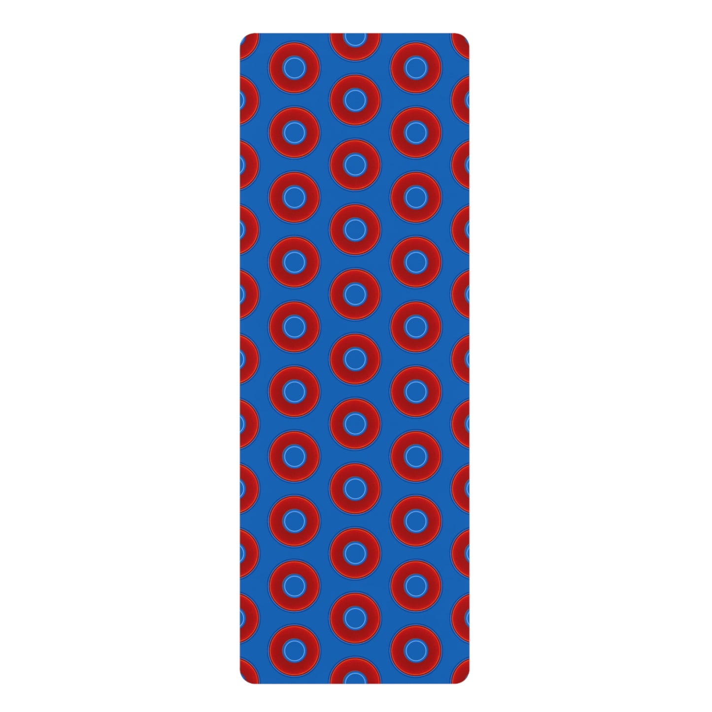 Lumpy Donut Yoga Mat :) - 24″ x 70" - vivid red donut print w/dark royal blue background