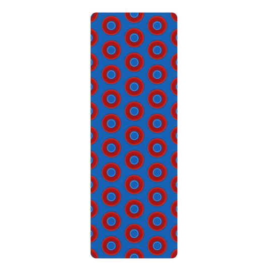 Lumpy Donut Yoga Mat :) - 24″ x 70" - vivid red donut print w/dark royal blue background