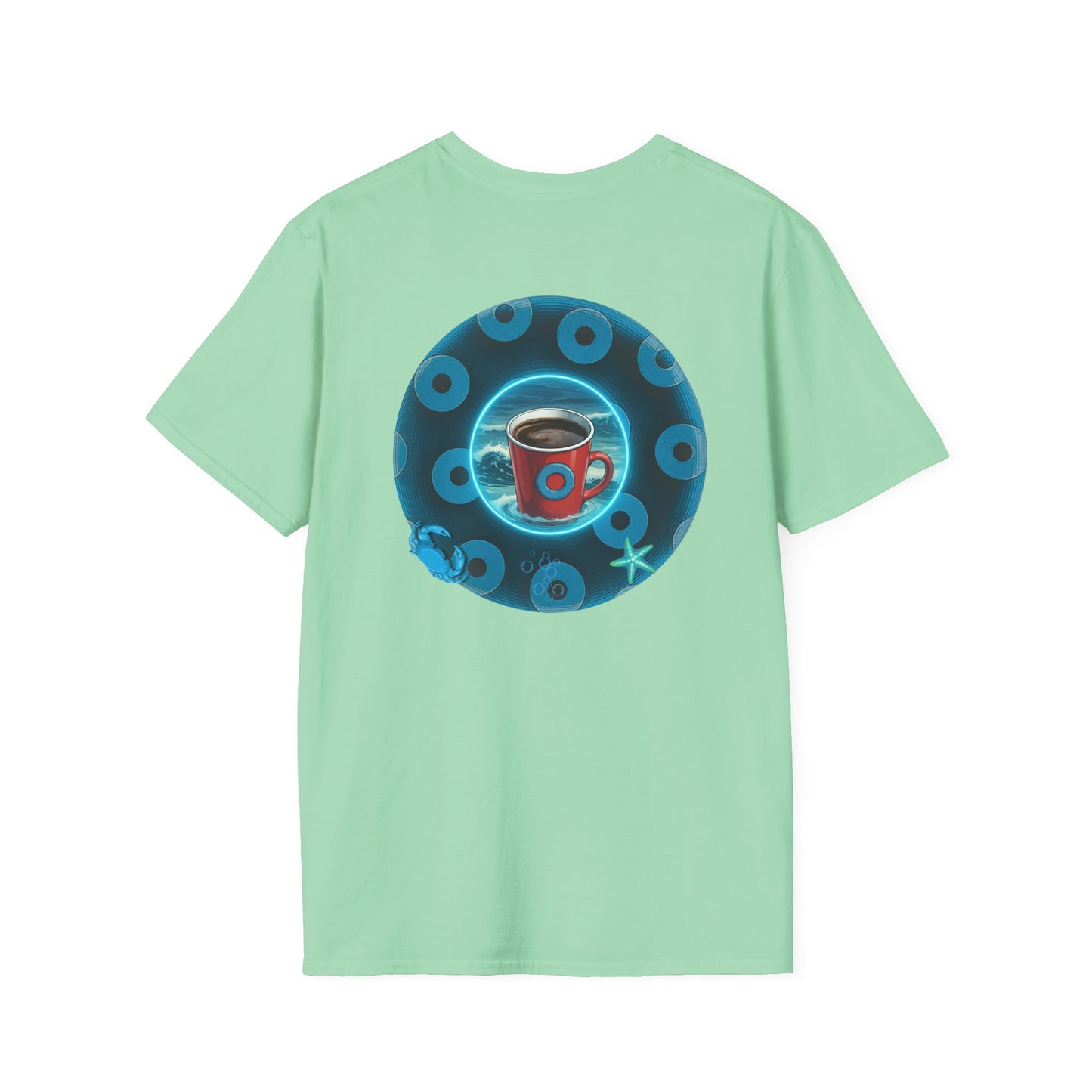 Classic Donut Tee - Unisex Soft-Style - "The Leaky Cup" - paradoxical blue/teal ocean donut -