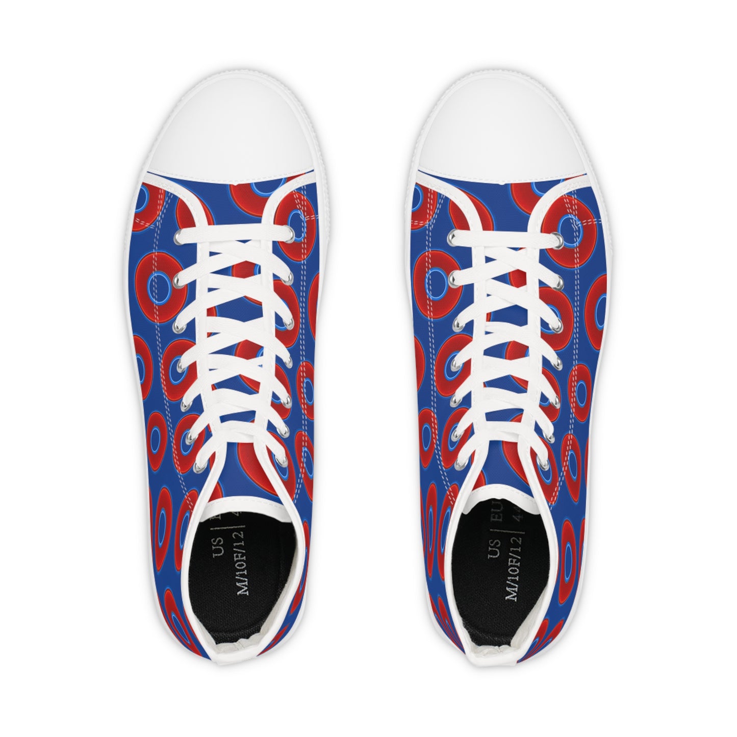 Men's High Top Chucks - large vivid red donut print w/dark blue background