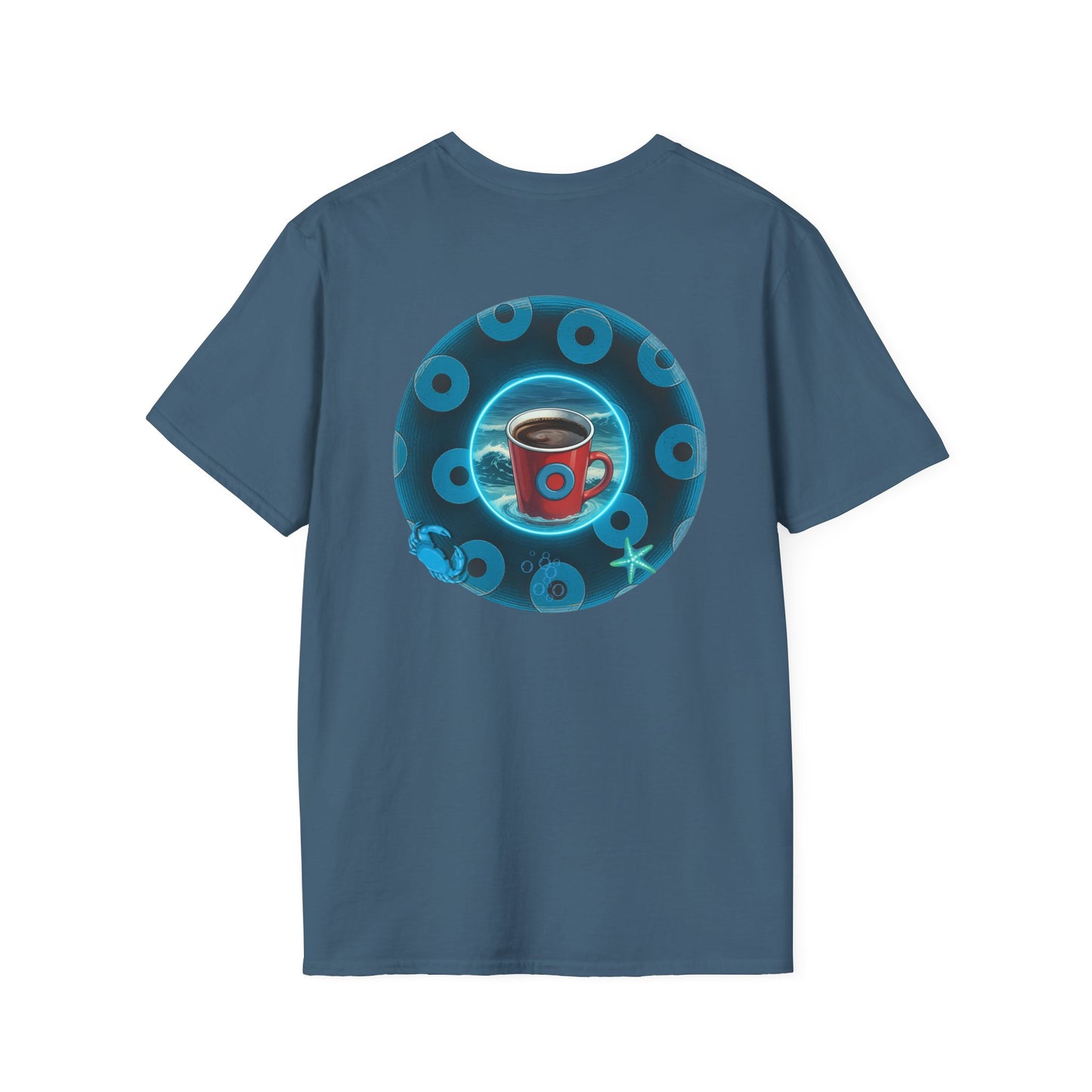 Classic Donut Tee - Unisex Soft-Style - "The Leaky Cup" - paradoxical blue/teal ocean donut -