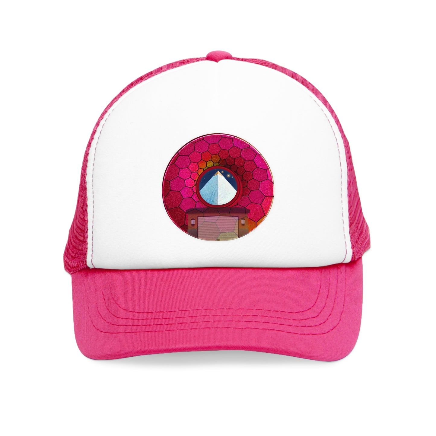 Lumpy Trucker Hat - "Limestone Blocks so Large" - variant 6 - magenta hexadonut w/2 car garage