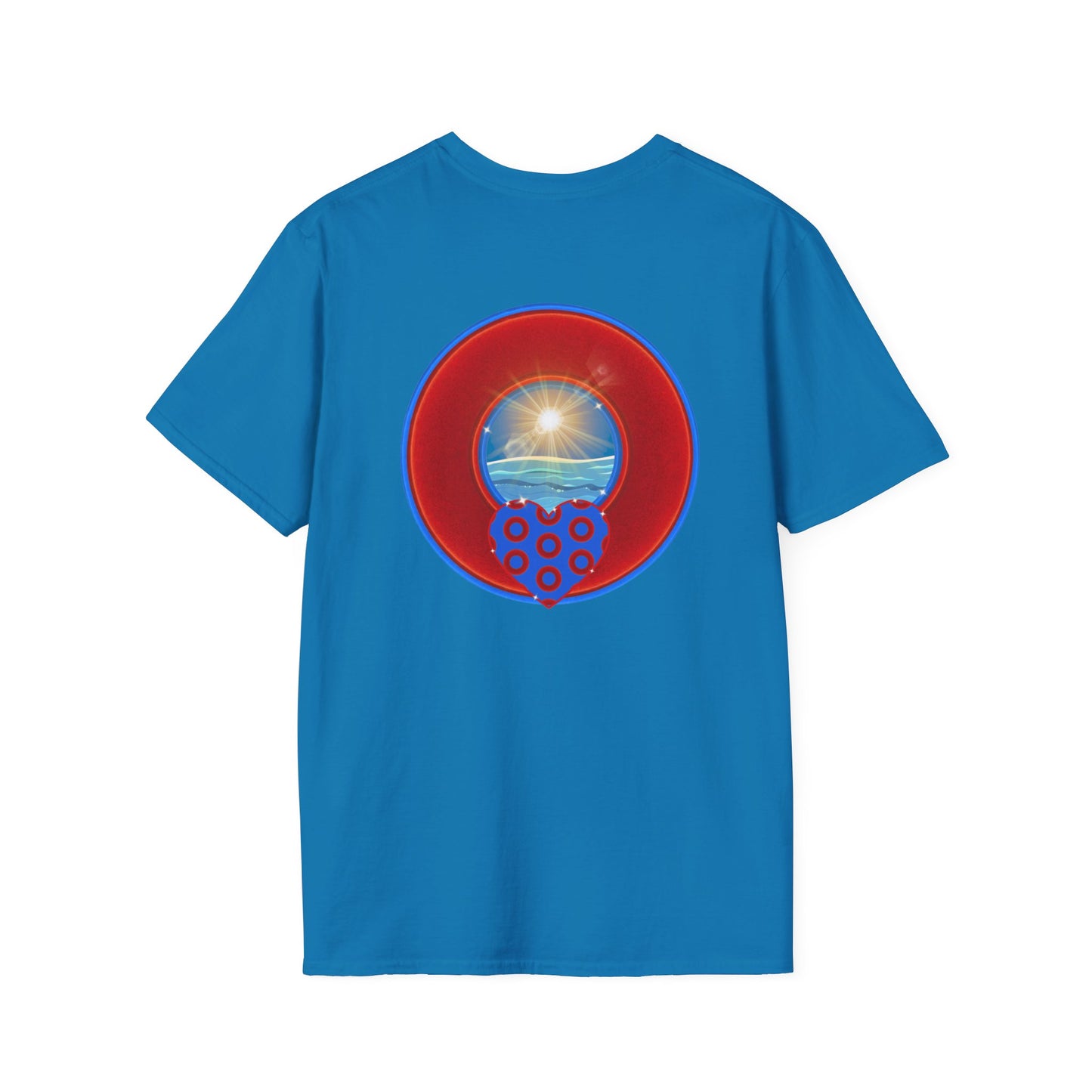 Classic Donut Tee - Unisex Soft-Style - "Ocean Donuts of Love" - vivid red donut - w/sun - variant 2
