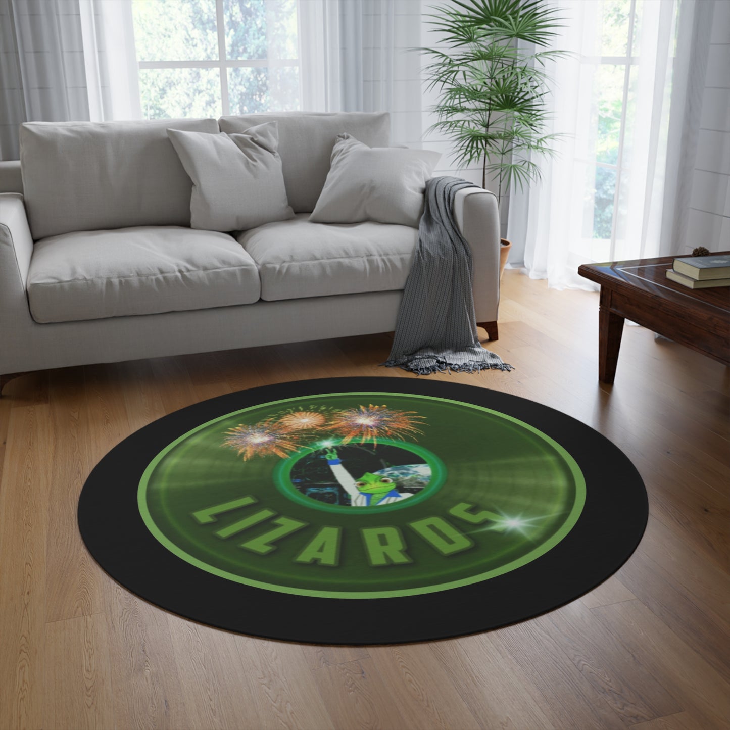 Round Room - 5 ft x 5 ft Lumpy Donut Rug - "Rutherford's Staying Alive Donut Rug" - vivid green record donut w/black background - variant 1