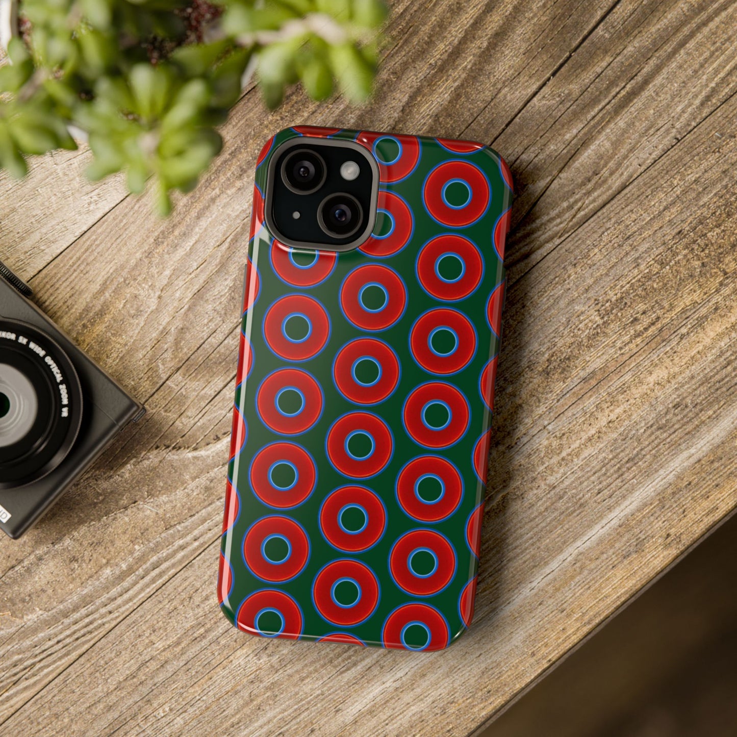 Magnetic Tough Donut Case - red vivid donut print w/deep pond green background