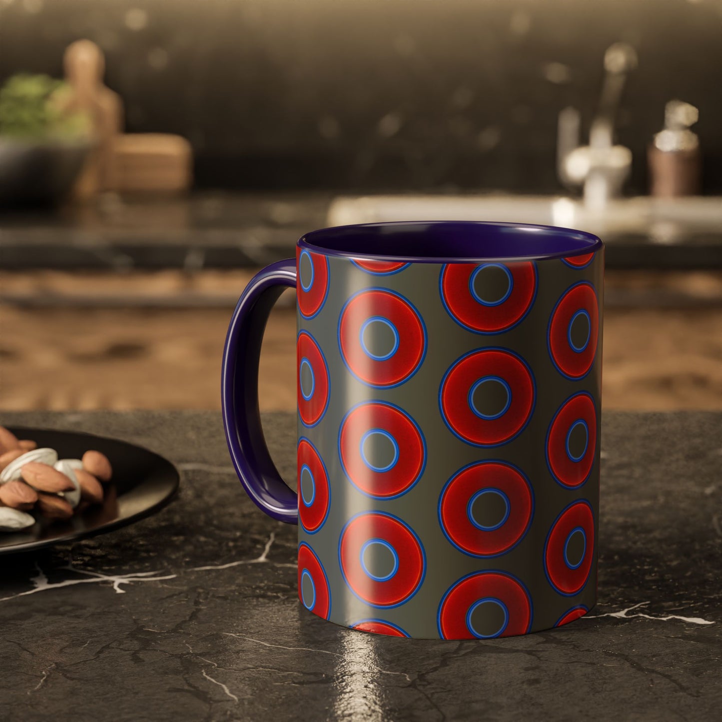 Lump's Grumpy Coffee Mug - vivid red donuts w/dark gray background
