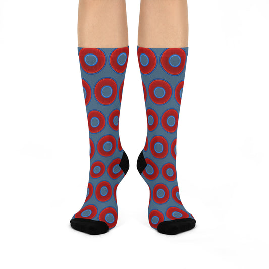 Lumpy Sox - cushioned crew - vivid red donut print w/steel blue background