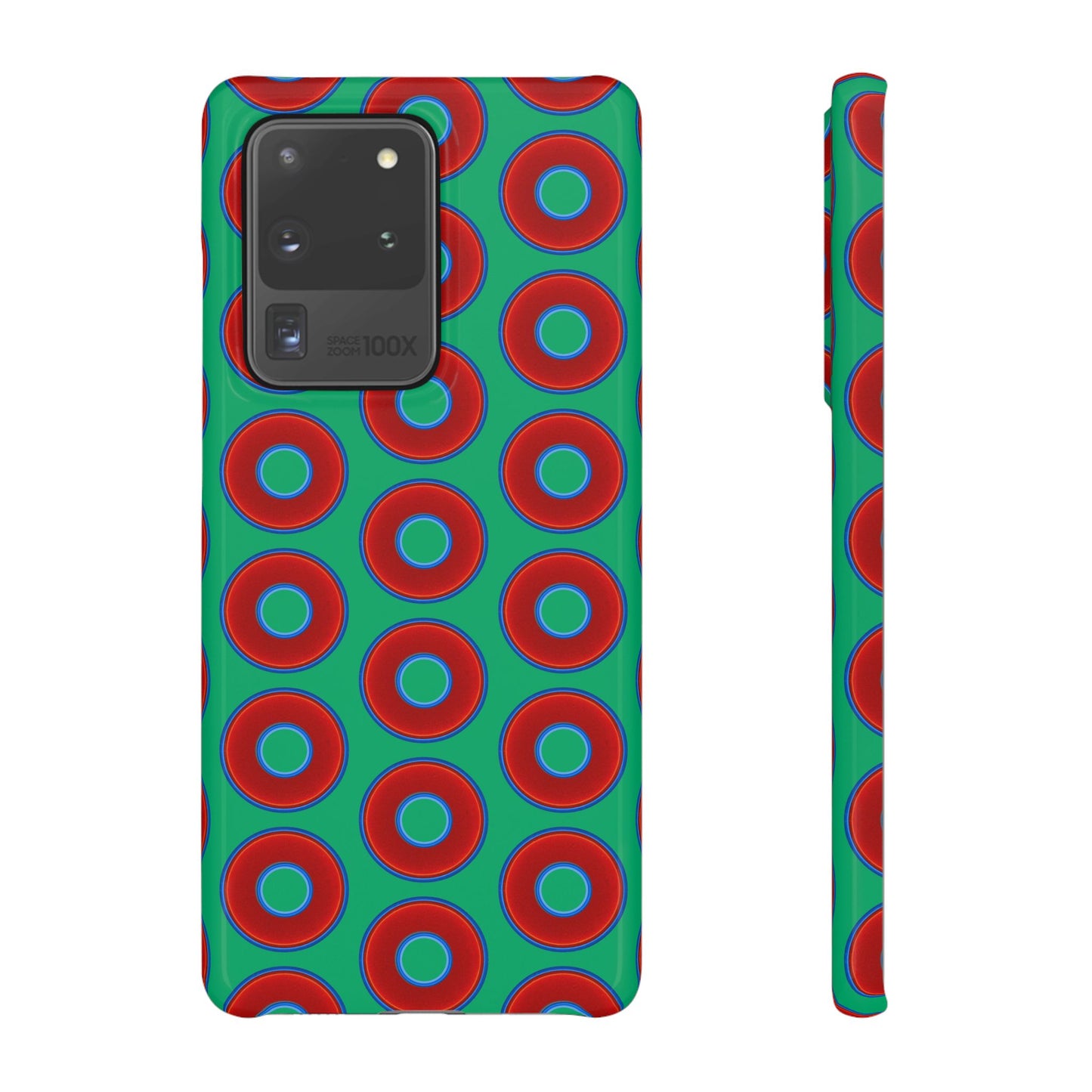 Lumpy Donut Snap Case - red vivid donut print w/jade green background