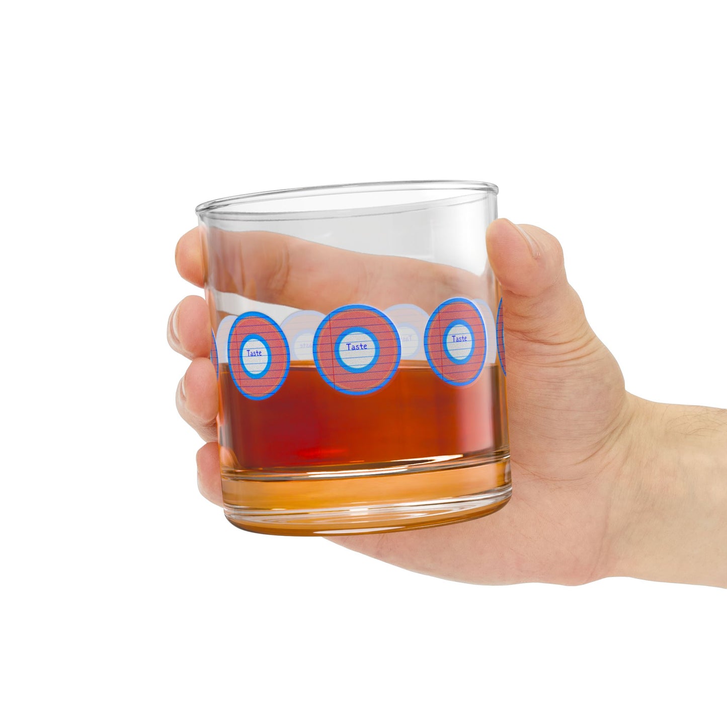 10oz Lumpy Rock Glass - "Tasty on the Rocks" - rustic red/blue donuts