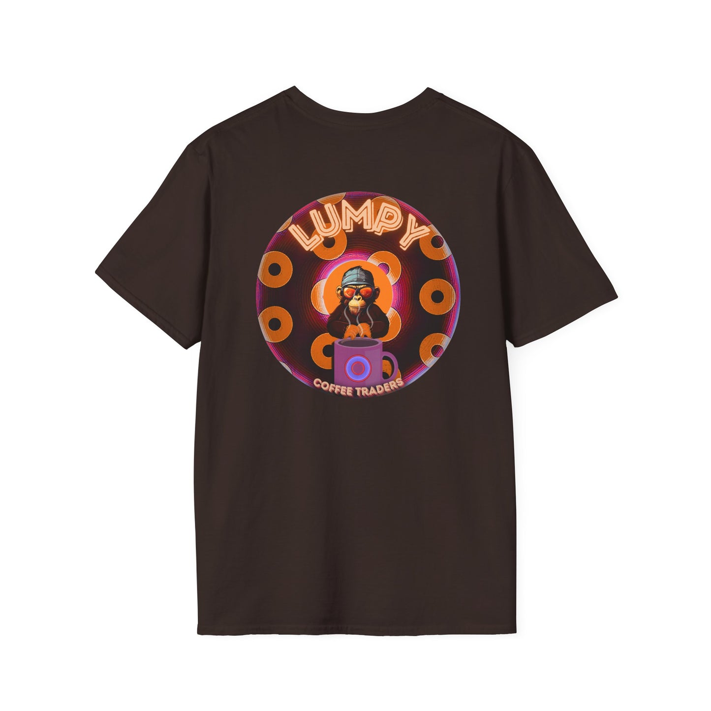 Coffee Traders Tee - Unisex Soft-Style - "Columbia House CDs " - paradoxical donut - variant 1 - coffee front/logo back